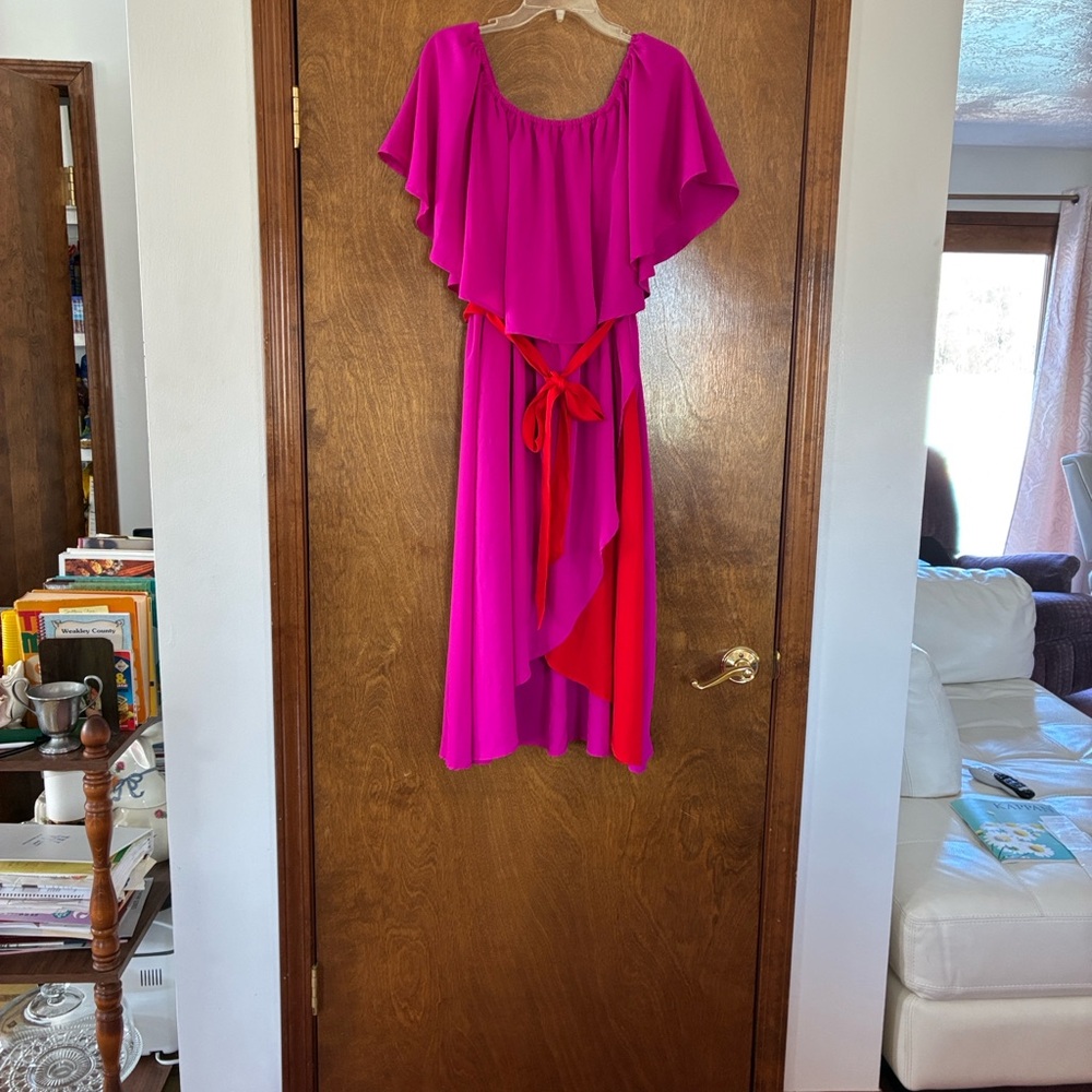Impressions Magenta & Red Midi Dress with Ruffle Overlay and Tie Waist Size Larg